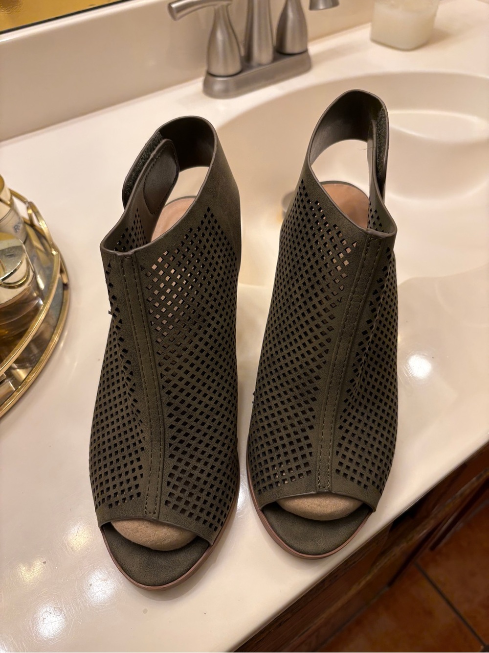 Cityclassified Olive Green Perforated Peep-Toe Slingback Heels